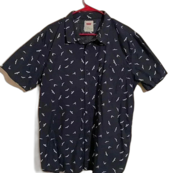 American Eagle Mens Short Sleeve Button Up Navy with White Eagles - Picture 1 of 4